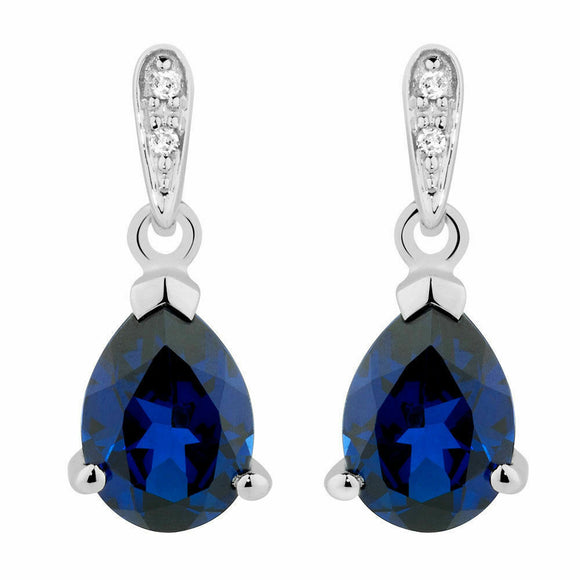 1ct Pear Cut Blue Sapphire Diamond Tear Drop Earrings 14k White Gold Finish