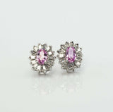 1.5ct Oval Cut Pink Sapphire Baguette Halo Stud Earrings 14k White Gold Finish