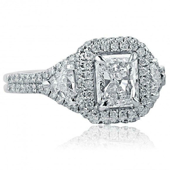 2.5ct Radiant Cut Diamond Engagement Ring Halo Iced Solitaire 14k WhiteGold Over