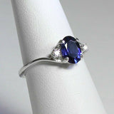 1ct Oval Cut Blue Sapphire Three Stone Engagement Ring 14k White Gold Finish