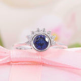 1.5ct Round Cut Blue Sapphire Diamond Crown Engagement Ring 14k WhiteGold Finish