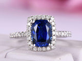 2ct Elongated Cushion Cut Blue Sapphire Engagement Ring Halo 14k White Gold Over