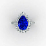 3ct Pear Cut Blue Sapphire Engagement Ring Diamond Halo 14k White Gold Finish