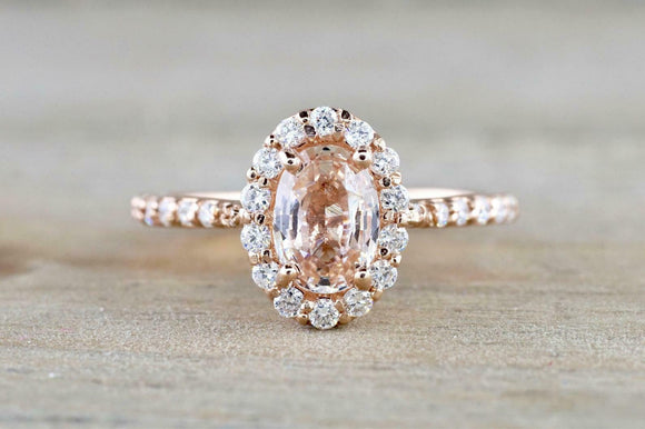 2ct Oval Cut Peach Morganite Engagement Ring 14k Rose Gold Over Halo with Accent