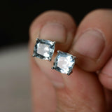 1ct Cushion Cut Blue Aquamarine Solitaire Stud Earrings 14k White Gold Finish