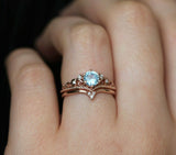 1.2ct Round Cut Aquamarine Crown Bridal Set Engagement Ring 14k Rose Gold Finish