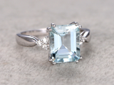 1.5ct Emerald Cut Blue Aquamarine Petite Solitaire Ring 14k White Gold Finish