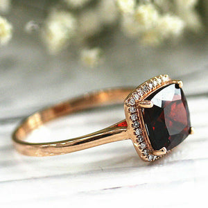 3Ct Cushion Cut Red Garnet Diamond Halo Engagement Ring 14K Rose Gold Finish