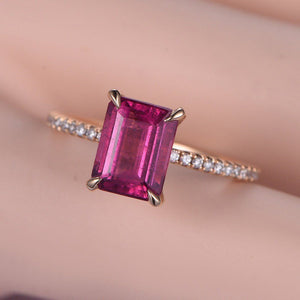 1ct Emerald Cut Pink Ruby Accents Solitaire Engagement Ring 14k Rose Gold Finish