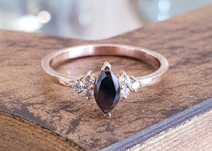 1.2ct Marquise Black Diamond Solitaire with Round Accent Ring 14k Rose Gold Over