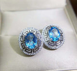 2.7ct Stud Earrings Oval Cut Blue Topaz Stylish Halo 14k White Gold Finish