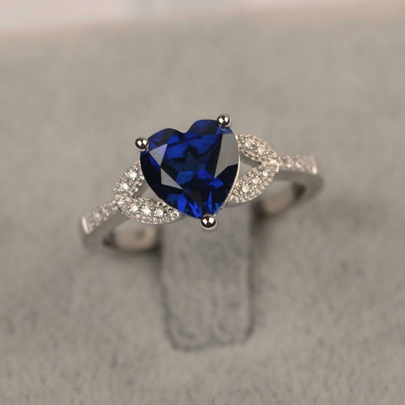 1.8ct Heart Cut Blue Sapphire Engagement Ring Leaf Accent 14k White Gold Finish