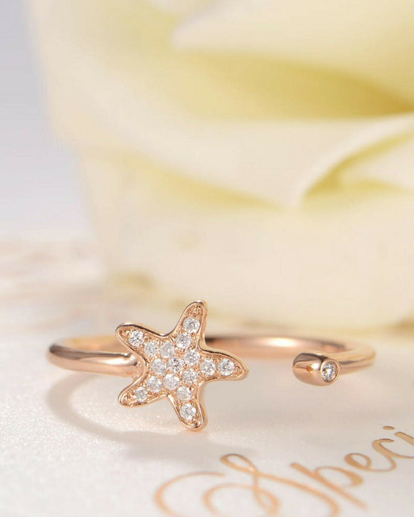 Open Cuff Star Fish Engagement Ring 0.3ct Round Cut Diamond 14k Rose Gold Finish