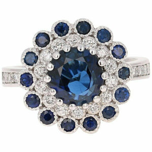 2.2ct Round Cut Blue Sapphire Engagement Ring Double Halo 14k White Gold Finish