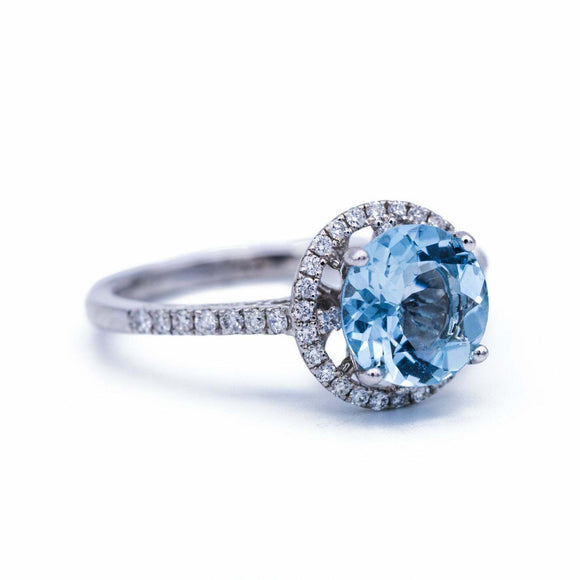 2.5ct Round Cut Blue Aquamarine Engagement Ring Diamond Halo 14k White Gold Over