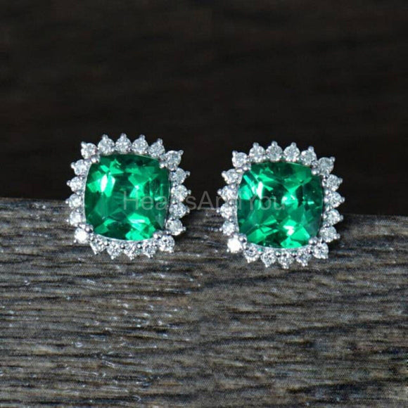 2ct Cushion Cut Simulated Green Emerald Halo Stud Earrings 14k White Gold Plated