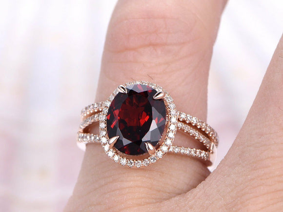 1.6ct Oval Cut Red Garnet Split Bridal Set Engagement Ring 14k Rose Gold Finish