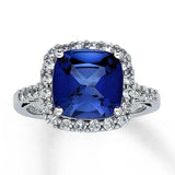 3Ct Cushion Cut Blue Sapphire Diamond Accent Halo Ring 14K White Gold Finish