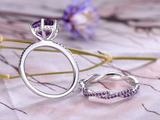 2ct Round Purple Amethyst Engagement Ring Twist Bridal Set 14k White Gold Finish