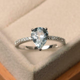 1.5ct Pear Cut Blue Aquamarine Solitaire with Accent Ring 14k White Gold Finish