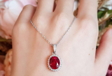 3ct Oval Cut Pink Ruby Pendant with Chain Halo Cluster 14k White Gold Finish