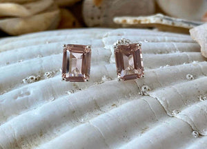 1.5ct Stud Earrings Emerald Cut Peach Morganite Solitaire 14k White Gold Finish