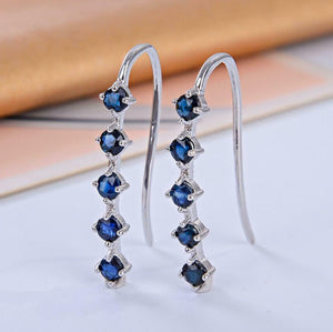 1.6ct Dangle Earrings Round Cut Blue Sapphire Vertical Bar 14k White Gold Finish