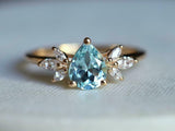 1.6ct Engagement Ring Pear Cut Blue Aquamarine Leaf Accent 14k YellowGold Finish