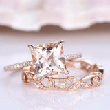 2ct Princess Cut Peach Morganite Bridal Set Engagement Ring 14k Rose Gold Finish