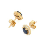 1.65ct Stud Earrings Oval Cut Blue Sapphire Floral Halo 14k Yellow Gold Finish