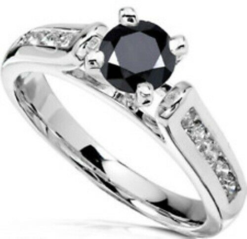 2Ct Round Cut Black Diamond Diamond Accent Engagement Ring 14K White Gold Finish