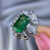 3ct Green Emerald Cocktail Art Deco Engagement Ring 14k White Gold Over Cluster