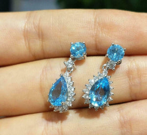 2.5ct Drop Earrings Pear Cut Blue Topaz Diamond Floral Halo 14k WhiteGold Finish