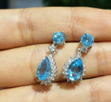 2.5ct Drop Earrings Pear Cut Blue Topaz Diamond Floral Halo 14k WhiteGold Finish