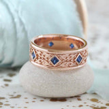 2ct Princess Cut Blue Sapphire Wedding Band Vintage Filigree 14k Rose Gold Over