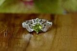 1ct Heart Cut Green Peridot Engagement Ring Claddagh Design 14k WhiteGold Finish