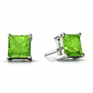 1.5ct Stud Earrings Princess Cut Green Peridot Solitaire 14k White Gold Finish