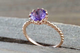 1ct Round Cut Purple Amethyst Solitaire Floral Rope Band Ring 14k Rose Gold Over