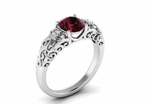 1.6ct Round Cut Red Garnet Floral Filigree Solitaire Ring 14k White Gold Finish