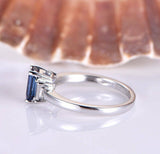 1ct Emerald Cut Blue Sapphire Three Stone Engagement Ring 14k White Gold Finish