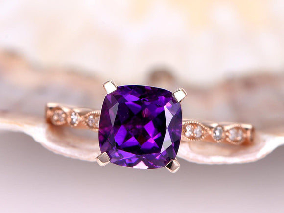 1ct Cushion Cut Purple Amethyst Solitaire Engagement Ring 18k Rose Gold Finish