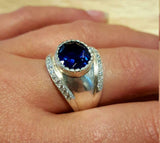 2ct Engagement Ring Oval Blue Sapphire Vintage Inspired Wide 14k White Gold Over