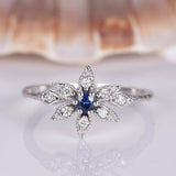 1ct Round Cut Blue Sapphire Floral Promise Engagement Ring 14k White Gold Finish