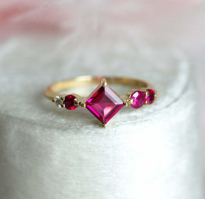 1.2ct Princess Cut Pink Ruby Engagement Ring 14k Yellow Gold Over Unique Cluster