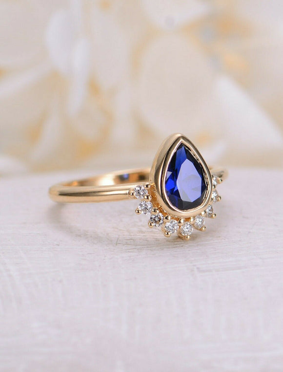 1ct Pear Cut Blue Sapphire Engagement Ring Diamond Crown 14k Yellow Gold Finish