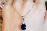 2ct Oval Cut Blue Sapphire Pendant Chain Diamond Solitaire 14k White Gold Finish