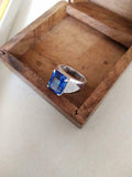 3ct Engagement Ring Emerald Cut Blue Sapphire Wide V Shank 14k White Gold Finish