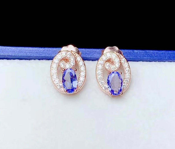 2ct Stud Earrings Oval Cut Blue Tanzanite Stylish Halo 14k Rose Gold Finish