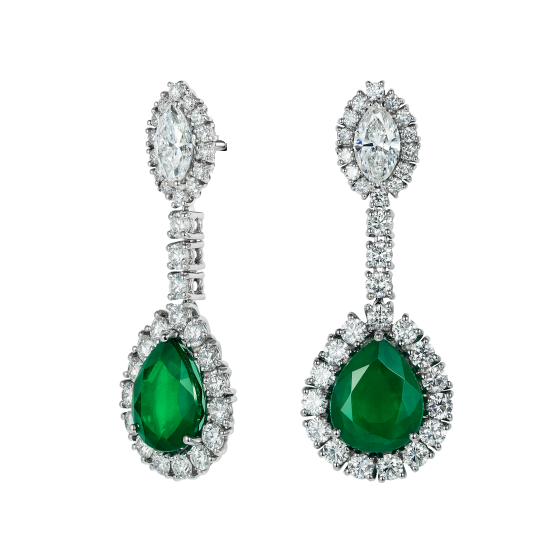 4Ct Pear Cut Green Emerald Diamond Halo Tear Drop Earrings 14K White Gold Finish