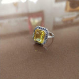 2.7ct Emerald Cut Yellow Citrine Blue Sapphire Halo Ring 14k White Gold Finish